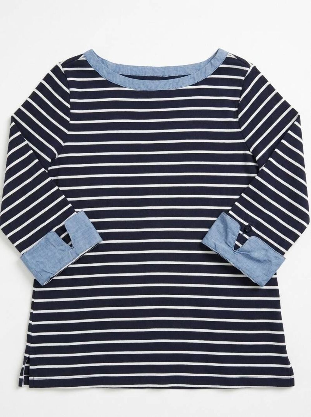 🔺️Nautica Blue & White Striped Boatneck Chambray Trim Split Cuff Top Medium